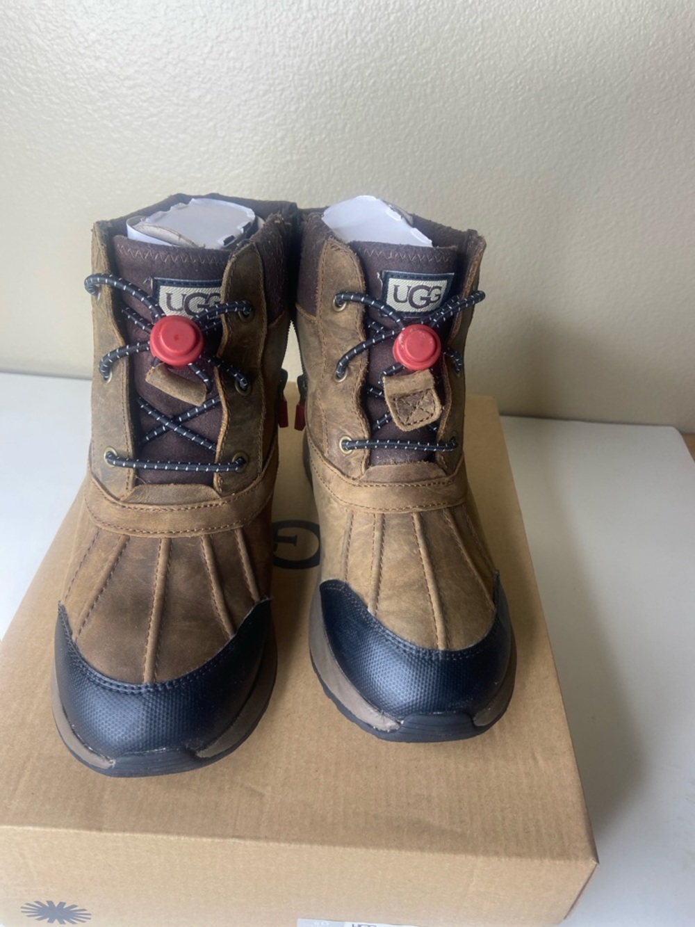 UGG Kids Brown and Black Winter Boots with Red Toggle